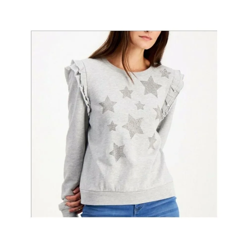 INC Womens Gray Rhinestone Sweatshirt Long Sleeve Crew Neck Top L